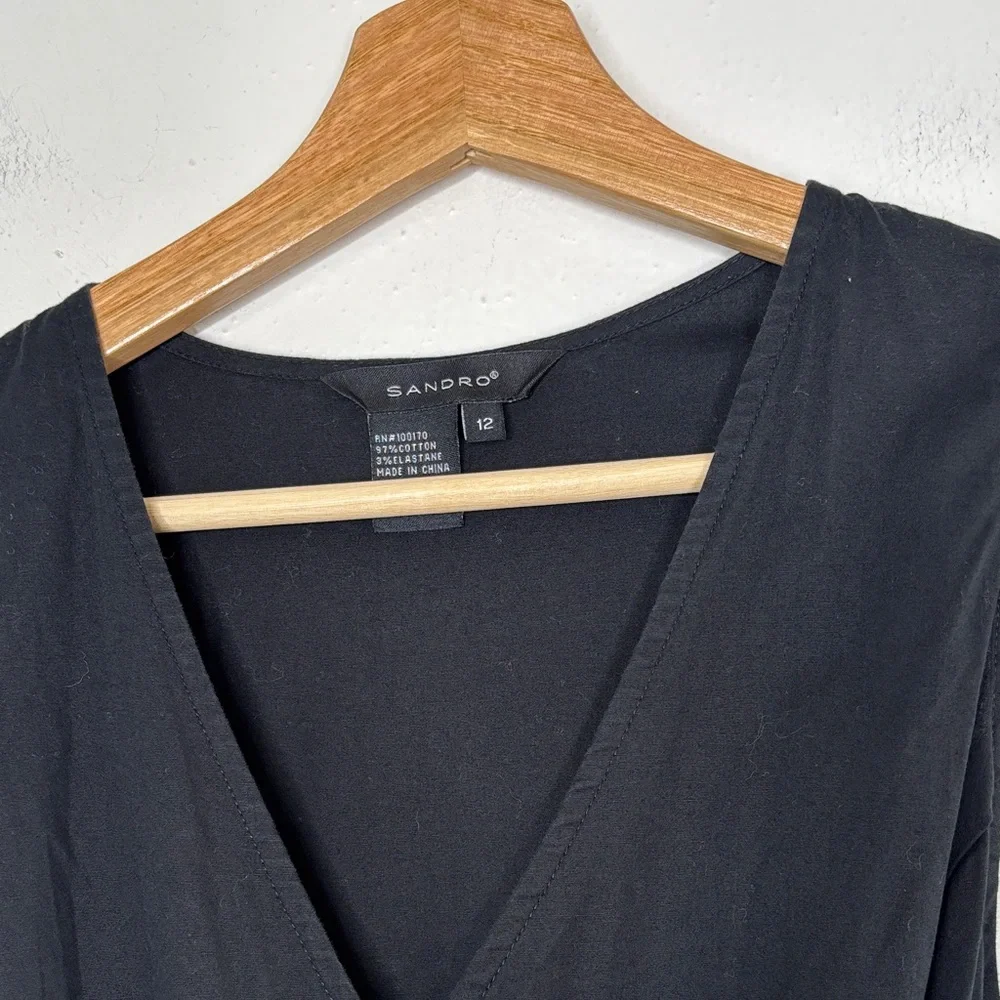 Sandro Black V-Neck Pleated Midi Dress Sleeveless Size 12 - Picture 4 of 10